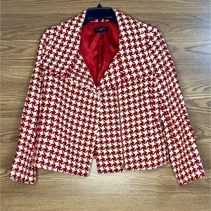 Talbots Moto Red White Houndstooth Wool Zip Up Jacket 12p